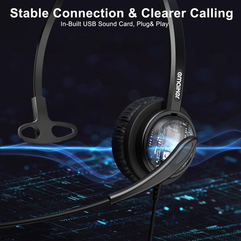 emaiker Single Side USB Computer Headset with Noise-Cancelling Mic for PC, Laptop, 1 Ear Office Call Center USB-A Headphone with In-Line Control for Dragon Dictation, Skype, Teams, Zoom Conference Call - Image 3